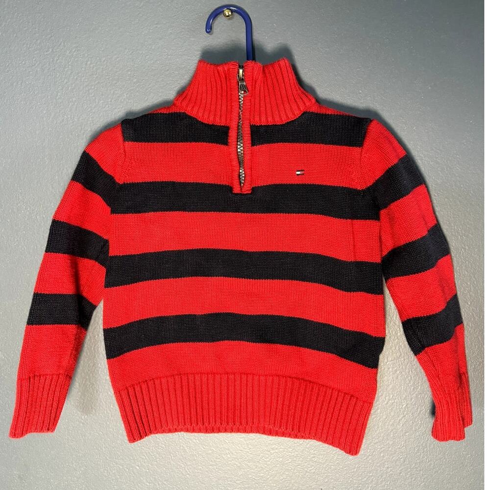 Tommy Hilfiger 1/4 Zip Youth Long Sleeve Sweater Size 4 Red with Black Stripes